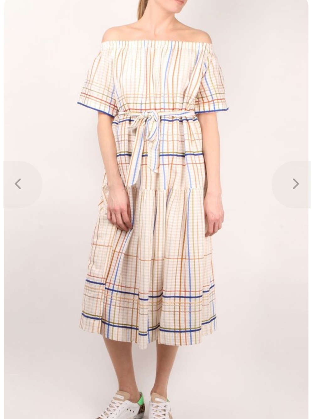 MII Collection Cream Tiered Off-Shoulder Dress with Blue & Orange Stripes